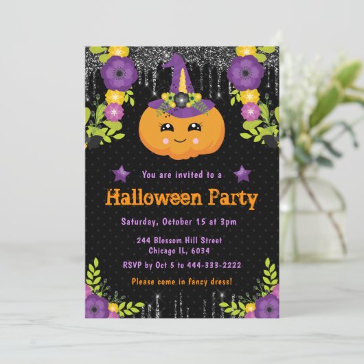 Cute Pumpkin Floral Halloween Party Kaart (Staand voorkant)