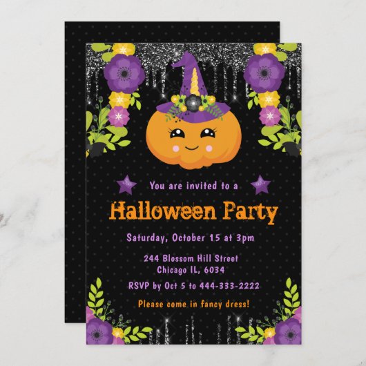 Cute Pumpkin Floral Halloween Party Kaart (Voorkant / Achterkant)