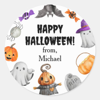 Cute Pumpkin Ghost & Bat Halloween Ronde Sticker