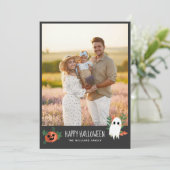 Cute Pumpkin Ghost Happy Halloween Foto Feestdagenkaart (Staand voorkant)