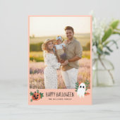 Cute Pumpkin Ghost Happy Halloween Foto Feestdagenkaart (Staand voorkant)