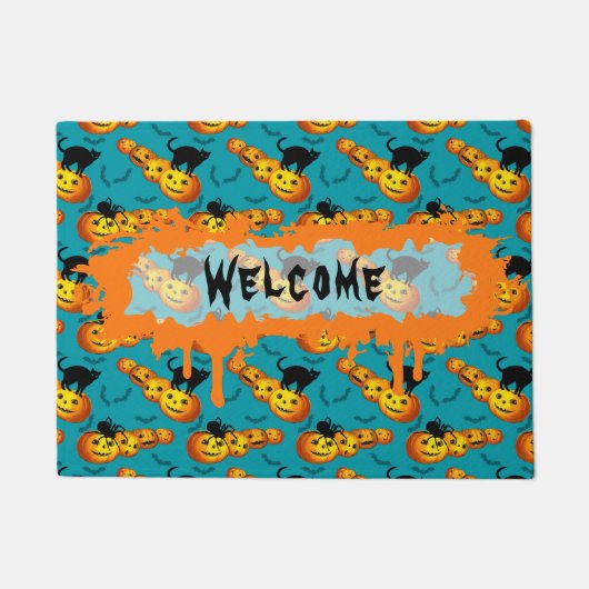 Cute Pumpkin Halloween Dusty Blue Pattern Welkom Deurmat (Voorkant)