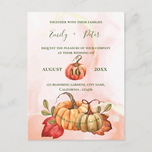 Cute Pumpkin najaar Leaves Monogram Fall Weddensch Uitnodiging Briefkaart (Voorkant)
