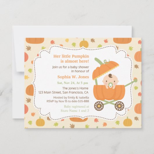 Cute Pumpkin Stroller Herfst Baby Shower Invitatio Kaart (Voorkant)