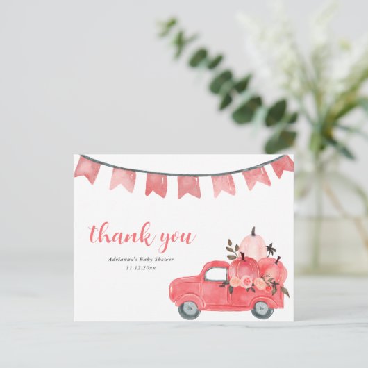 Cute Pumpkin Truck Pink Pumpkins Baby shower Briefkaart (Staand voorkant)