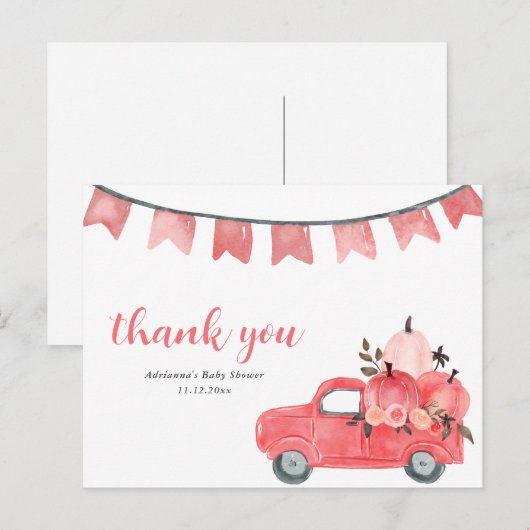 Cute Pumpkin Truck Pink Pumpkins Baby shower Briefkaart (Voorkant / Achterkant)
