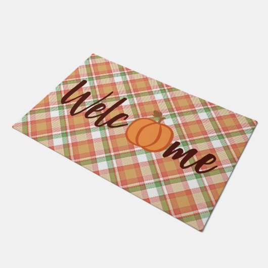 Cute Pumpkin Welcome Herfst Oranje Green Gingham Deurmat (Schuin)