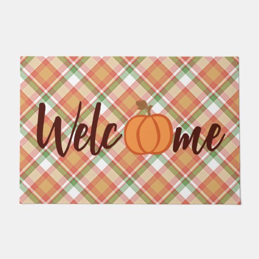 Cute Pumpkin Welcome Herfst Oranje Green Gingham Deurmat (Voorkant)