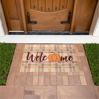 Cute Pumpkin Welcome Herfst Oranje Red Gingham Deurmat