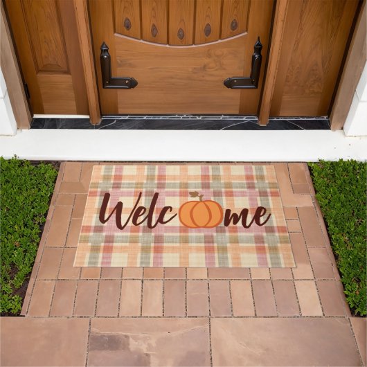 Cute Pumpkin Welcome Herfst Oranje Red Gingham Deurmat (Buiten)