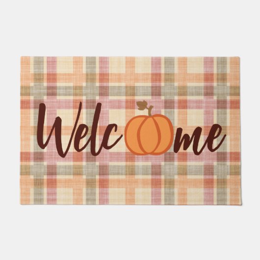 Cute Pumpkin Welcome Herfst Oranje Red Gingham Deurmat (Voorkant)