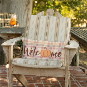 Cute Pumpkin Welcome Wordart Herfst Oranje Gingham Buitenkussen