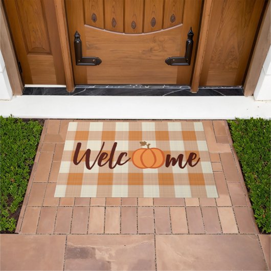 Cute Pumpkin Welcome Wordart Herfst Oranje Gingham Deurmat (Buiten)