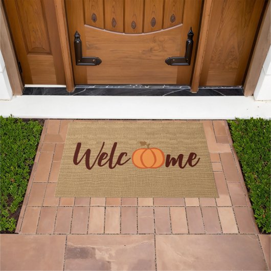 Cute Pumpkin Welcome Wordart on Faux Jute Textile Deurmat (Buiten)