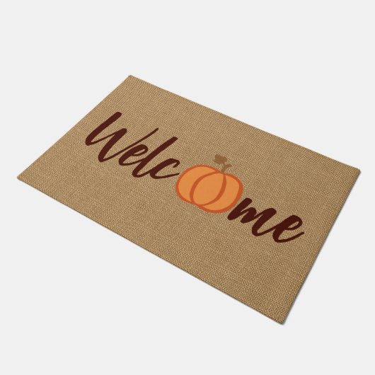 Cute Pumpkin Welcome Wordart on Faux Jute Textile Deurmat (Schuin)
