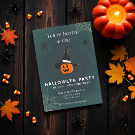 Cute Pumpkin Witch Halloween Invitation Two-Sided Kaart