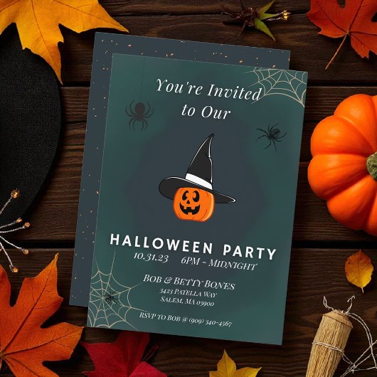 Cute Pumpkin Witch Halloween Invitation Two-Sided Kaart