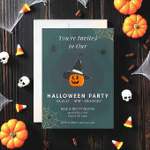 Cute Pumpkin Witch Halloween Invitation Two-Sided Kaart