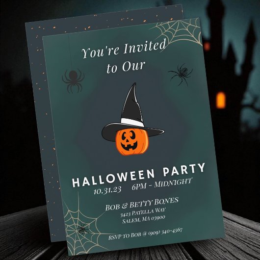 Cute Pumpkin Witch Halloween Invitation Two-Sided Kaart