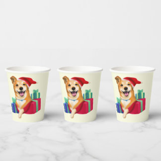Cute Pup met Santa Hat en Gifts Papieren Bekers