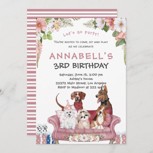 Cute Puppy Birthday Invitation Kaart (Voorkant / Achterkant)