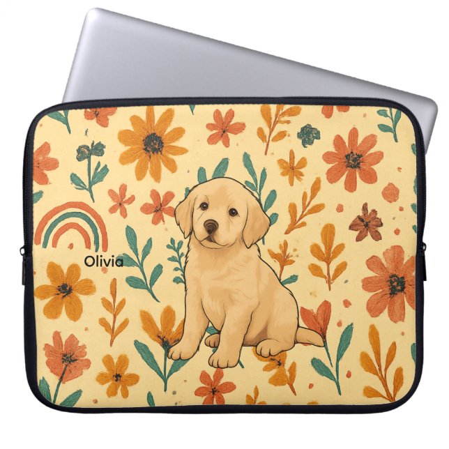 Cute Puppy & Boho Flowers Laptop Sleeve (Voorkant)