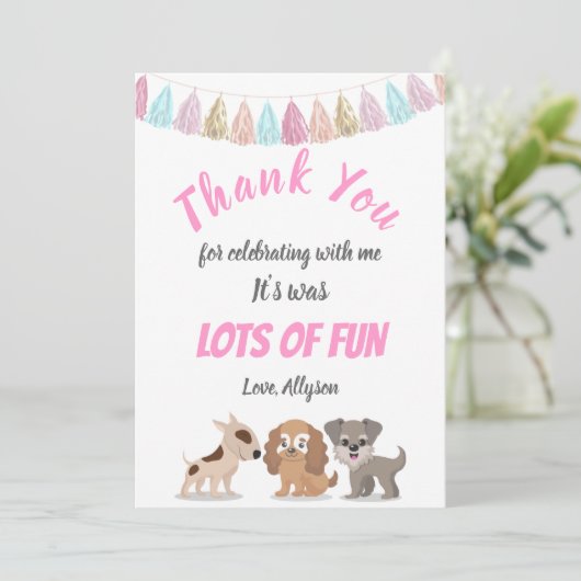 Cute puppy cartoon hond thema kind verjaardagsfees bedankkaart (Staand voorkant)