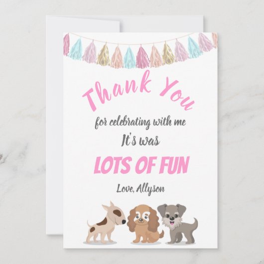 Cute puppy cartoon kind verjaardagsfeest bedankkaart (Voorkant)