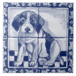 Cute Puppy Dog Blue White Dedham Delft Trivet Tegeltje