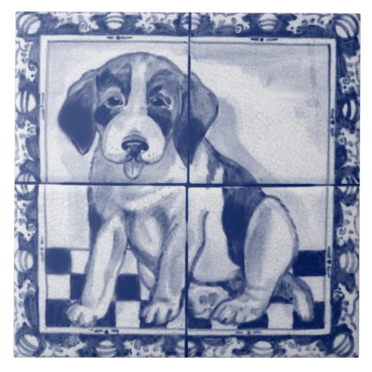 Cute Puppy Dog Blue White Dedham Delft Trivet Tegeltje (Voorkant)