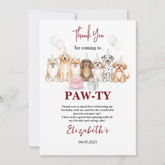 Cute Puppy Dog Boy 1st Birthday | Pawty Time First Bedankkaart (Voorkant)