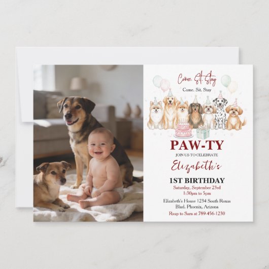 Cute Puppy Dog Boy 1st Birthday | Pawty Time First Kaart (Voorkant)