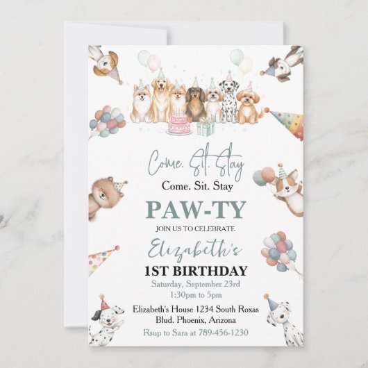 Cute Puppy Dog Boy 1st Birthday | Pawty Time First Kaart (Voorkant)