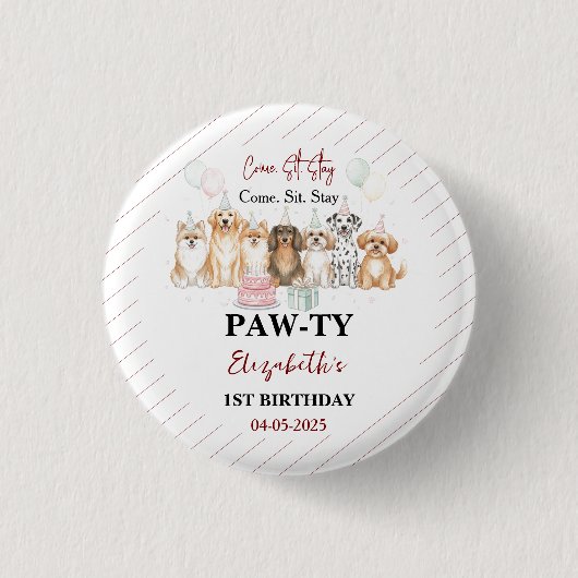 Cute Puppy Dog Boy 1st Birthday | Pawty Time First Ronde Button 3,2 Cm (Voorkant)