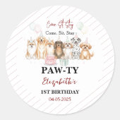 Cute Puppy Dog Boy 1st Birthday | Pawty Time First Ronde Sticker (Voorkant)