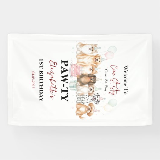 Cute Puppy Dog Boy 1st Birthday | Pawty Time First Spandoek (Horizontaal)