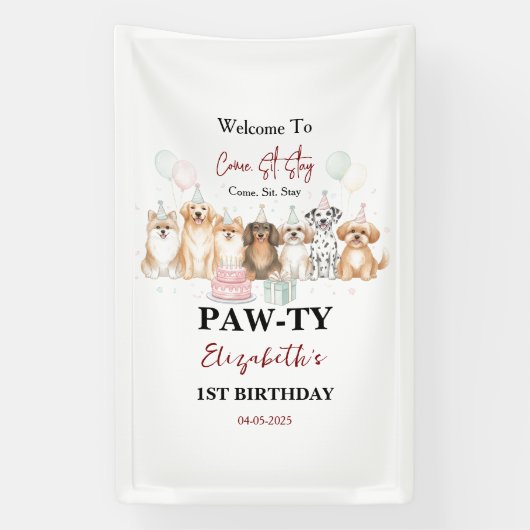 Cute Puppy Dog Boy 1st Birthday | Pawty Time First Spandoek (Verticaal)