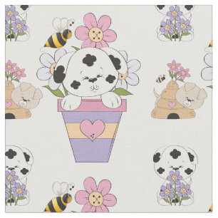 Cute Puppy Dog en Flowers Stof