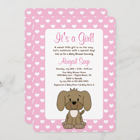 Cute Puppy Dog en hartroze Baby shower Kaart (Voorkant / Achterkant)
