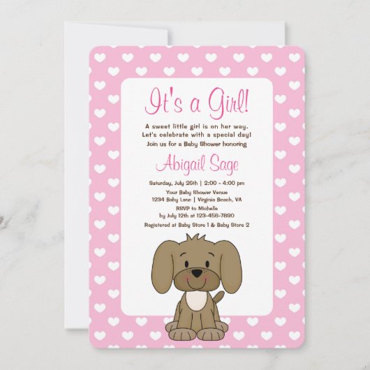 Cute Puppy Dog en hartroze Baby shower Kaart (Voorkant)