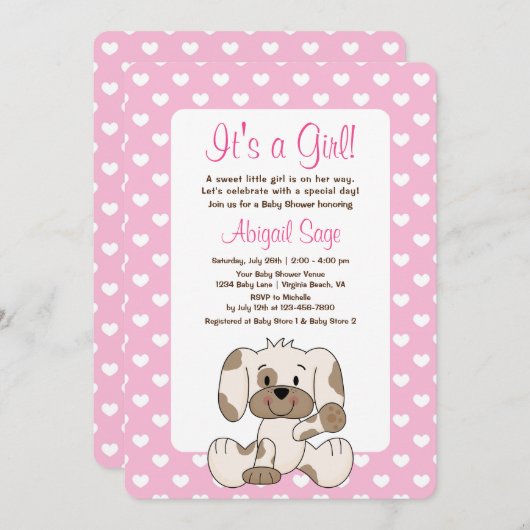 Cute Puppy Dog en hartroze Baby shower Kaart (Voorkant / Achterkant)