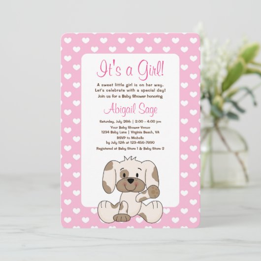 Cute Puppy Dog en hartroze Baby shower Kaart (Staand voorkant)