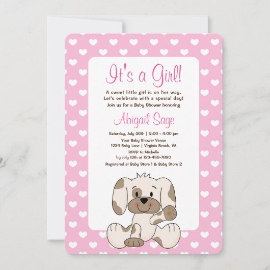 Cute Puppy Dog en hartroze Baby shower Kaart (Voorkant)