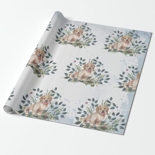 Cute Puppy Dog Floral Eucalyptus Cadeaupapier (Uitgerold)