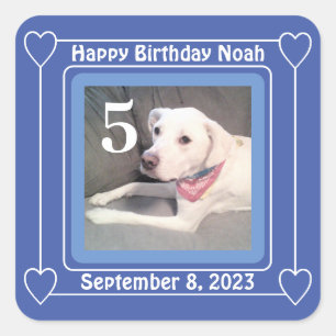 Cute Puppy Dog Foto Birthday Number 5 Blue Square Vierkante Sticker