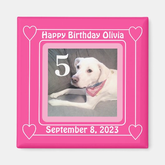 Cute Puppy Dog Foto Birthday Nummer 5 Roze Magneet (Voorkant)