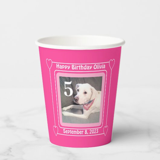 Cute Puppy Dog Foto Birthday Nummer 5 Roze Papieren Bekers (Achterkant)
