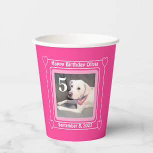 Cute Puppy Dog Foto Birthday Nummer 5 Roze Papieren Bekers