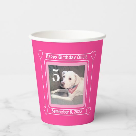 Cute Puppy Dog Foto Birthday Nummer 5 Roze Papieren Bekers (Voorkant)