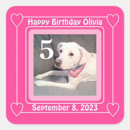 Cute Puppy Dog Foto Birthday Nummer 5 Roze Vierkante Sticker (Voorkant)